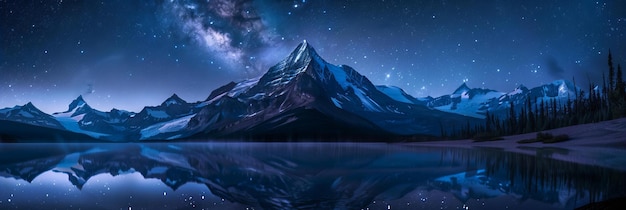 Photo starry night sky over mountain and reflective lake milky way view nature and universe concept