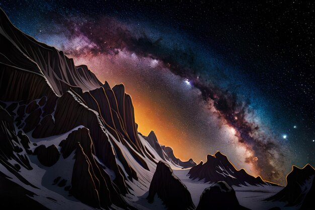 A starry night sky over mountains with the milky way above it.