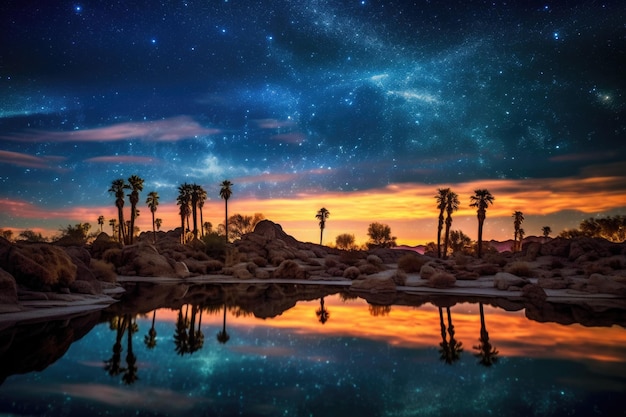 Starry night sky above a peaceful desert oasis created with generative ai