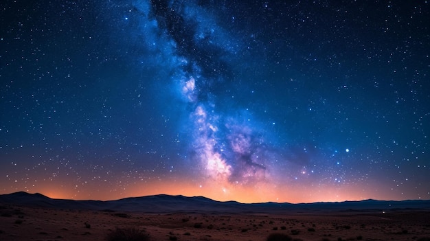 静かな砂漠の上にある星空の夜空で 銀河系の輝かしい景色が描かれています