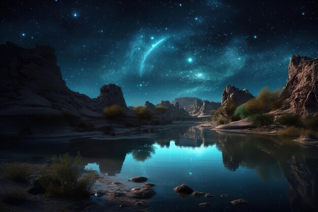 A starry night sky over a river with a blue planet and a star in the sky.