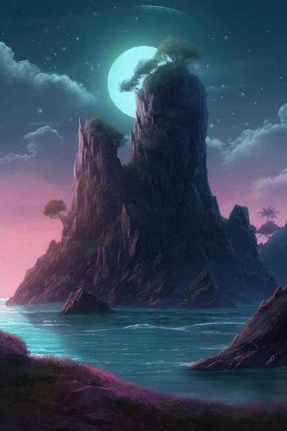 Звездное ночное небо над скалистым и зеленым островом в море, созданное с использованием генеративной технологии искусственного интеллекта