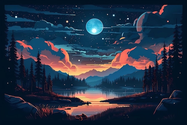 Starry night sky above a serene lake digital art illustration