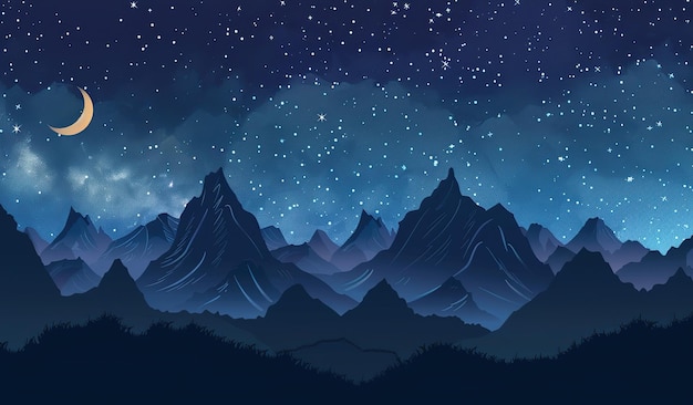 Starry night sky over serene mountain landscape