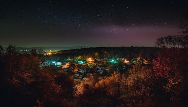 A starry night sky over a small town