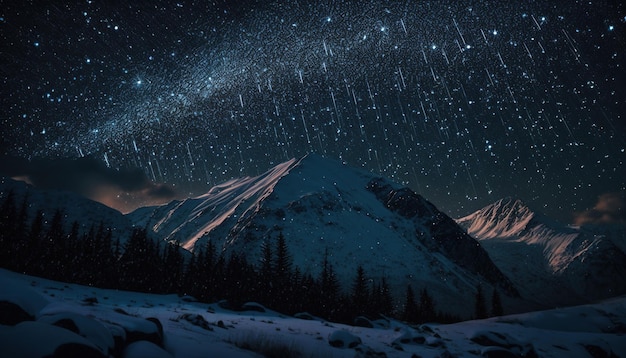 A starry night sky over a snowy mountain