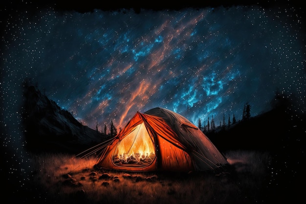 Under a starry night sky a tent glows