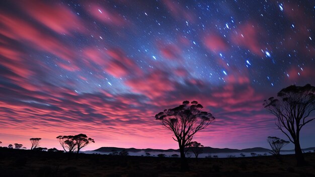 Photo starry night sky above a vast field and trees