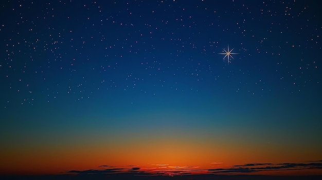 Starry night sky with a bright shining star Orange sunset on the horizon