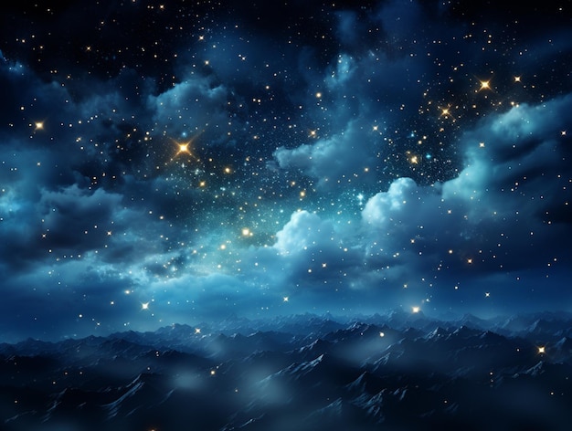 Звездное ночное небо с облаками и звездами над горным хребтом