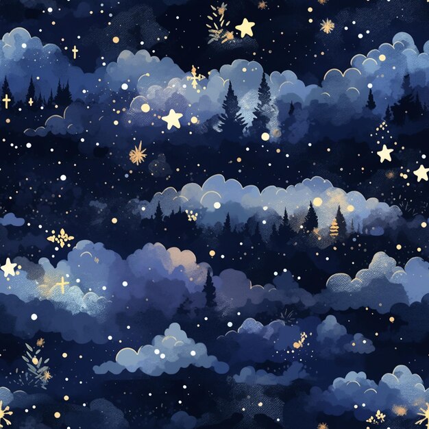 Foto cielo notturno stellato con nuvole e stelle e alberi generativo ai