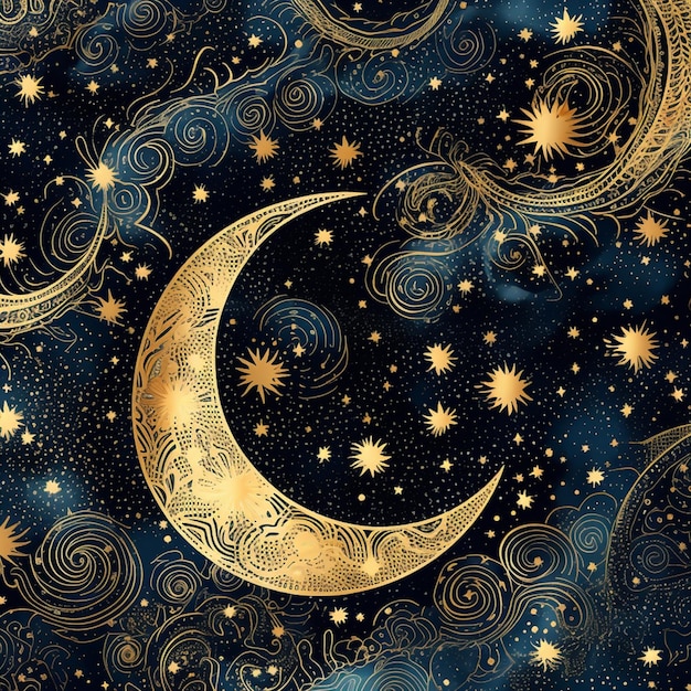Звездное ночное небо с полумесяцем и звездами в небе генеративный ai