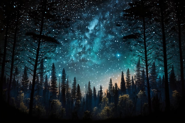 A starry night sky with a forest scene in the background.