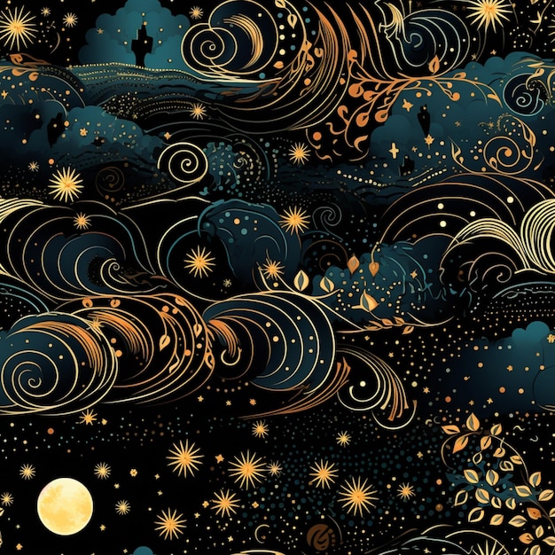 Starry night sky with golden stars and clouds and a full moon generative ai