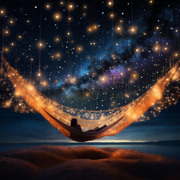 starry night sky with a hammock and a person sitting in it generative ai