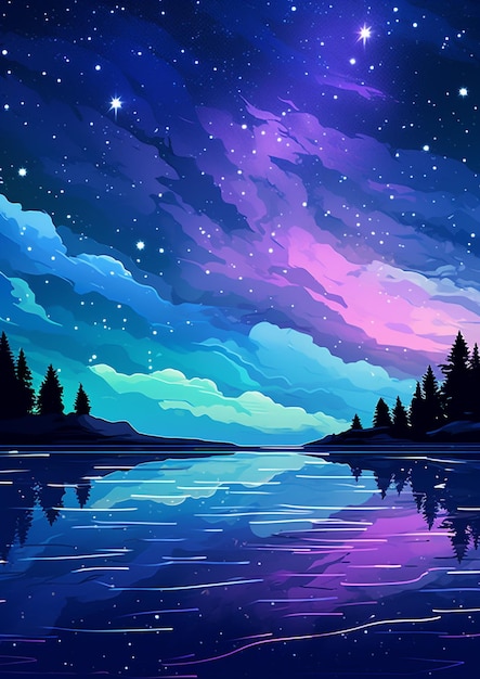 Starry night sky with a lake and trees in the foreground generative ai