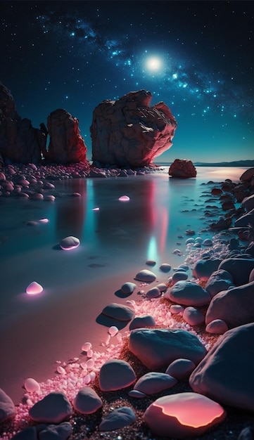 A starry night sky with a large rock on the shore