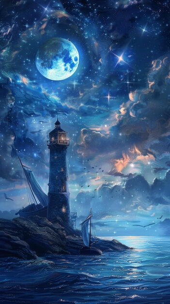 Photo starry night sky with lighthouse and sailboat in foreground