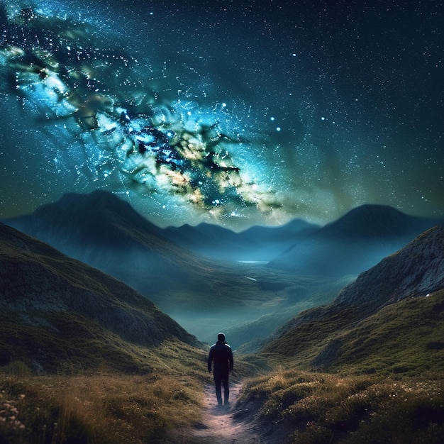 starry night sky with a man walking on a path generative ai