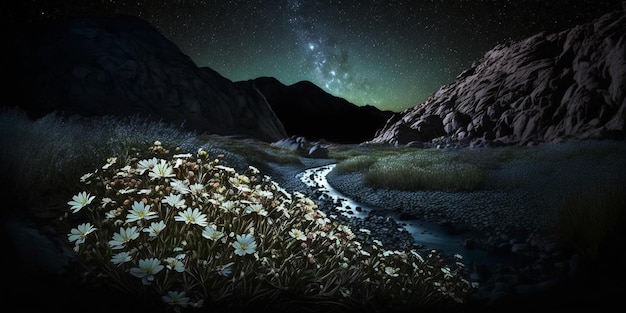 A starry night sky with a mountain and flowers