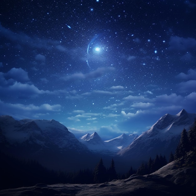 звездное ночное небо с горным хребтом и полумесяцем, генеративный искусственный интеллект