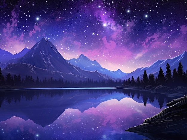 starry night sky with mountains and lake in foreground generative ai