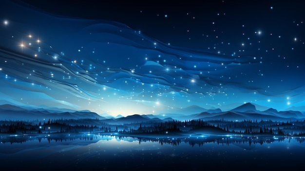 звездное ночное небо с горами и деревьями, отражающимися в воде, генерирующий искусственный интеллект