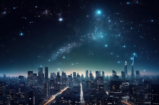 Premium AI Image  Starry night sky with shining stars and futuristic city  in the background created with generative ai