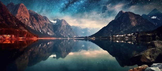 Starry night sky with stars and milky way over mountains and lake Generative AI illustration