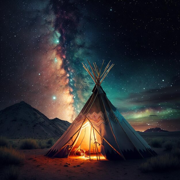 Starry night sky with a teepee and a campfire generative ai