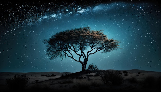 A starry night sky with a tree in the foreground.