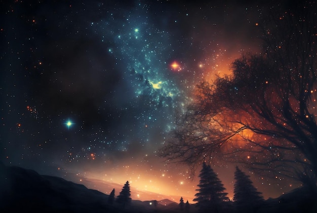 Звездное ночное небо с деревом на переднем плане