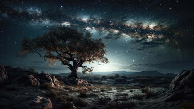 Photo a starry night sky with a tree in the foreground.