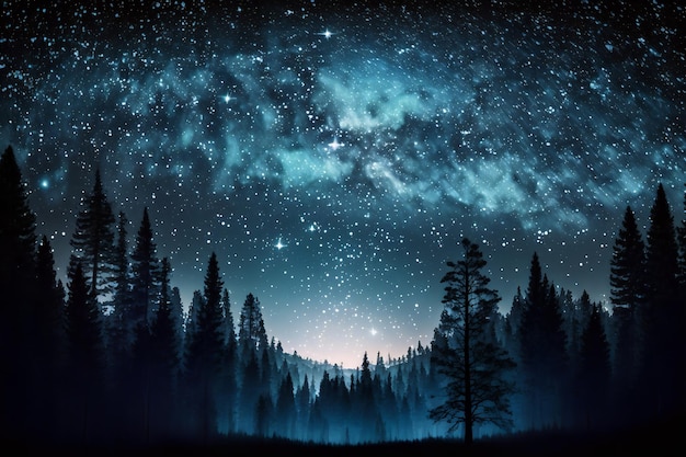 A starry night sky with a tree silhouetted against the night sky.