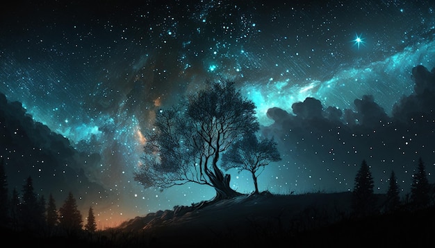 A starry night sky with a tree and a starry sky