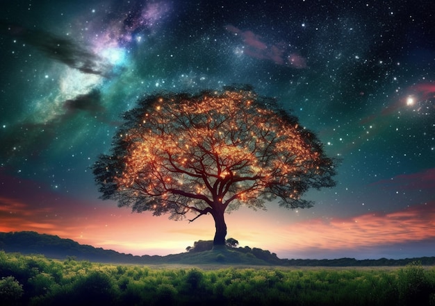 나무와 별 생성 인공 지능이 있는 별이 빛나는 밤하늘