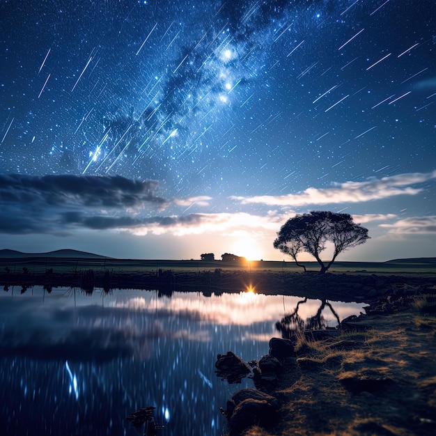 Photo a starry night sky with a tree and a tree in the foreground