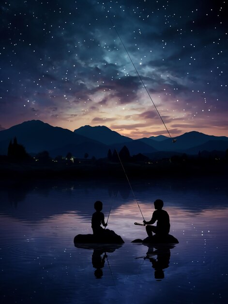 Starry night sky with two people fishing in a lake generative ai