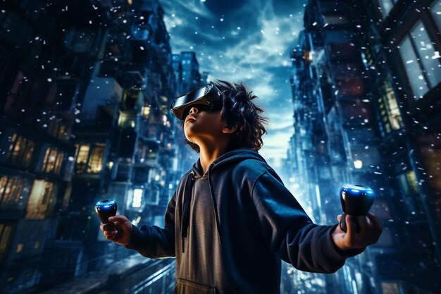 Starry night in virtual world little boy wearing virtual reality glasses in night city in virtual