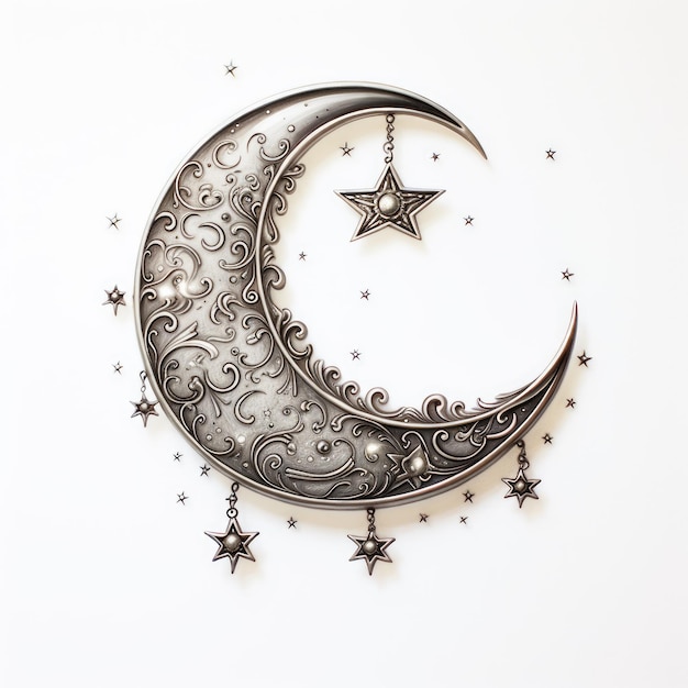 Starry Night Whispers A Mesmerizing Silver Crescent Moon and Stars Graceful Artistry on a Crisp Whi