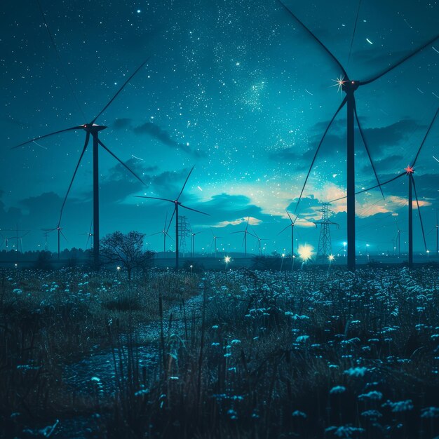 Photo starry night over wind turbine field and wildflowers