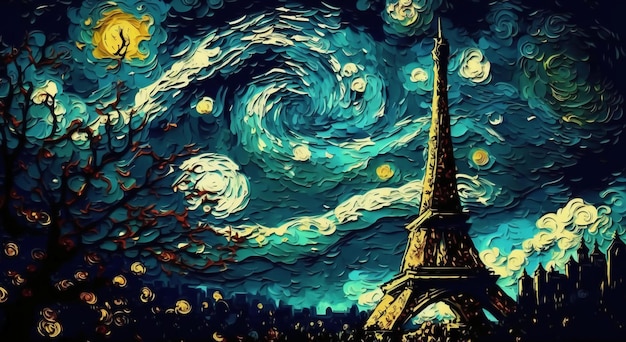 starry night with background as paris