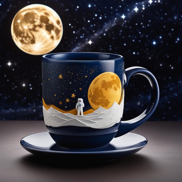 Starry night with a crescent moon and drifting astronaut mug