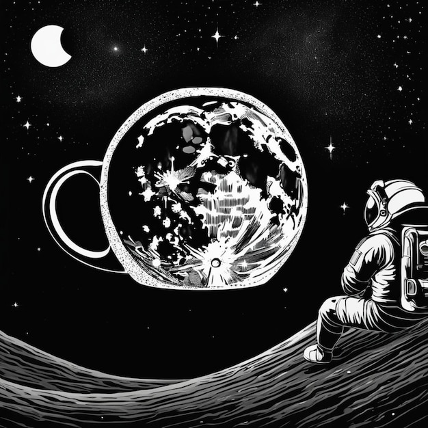 Starry Night with a Crescent Moon and Drifting Astronaut Mug