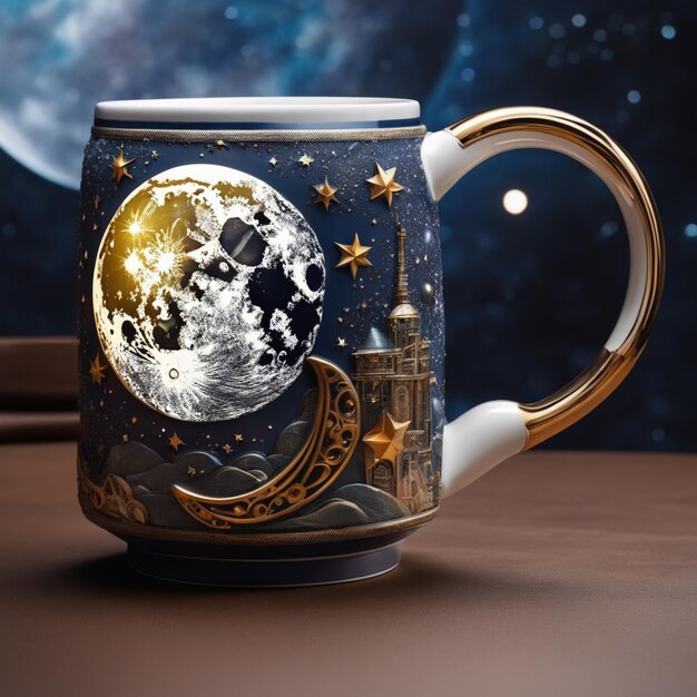 Starry Night with a Crescent Moon and Drifting Astronaut Mug