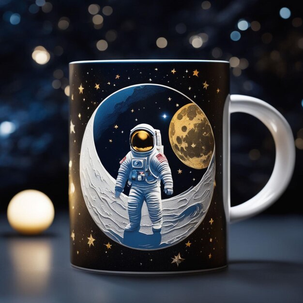 Starry Night with a Crescent Moon and Drifting Astronaut Mug