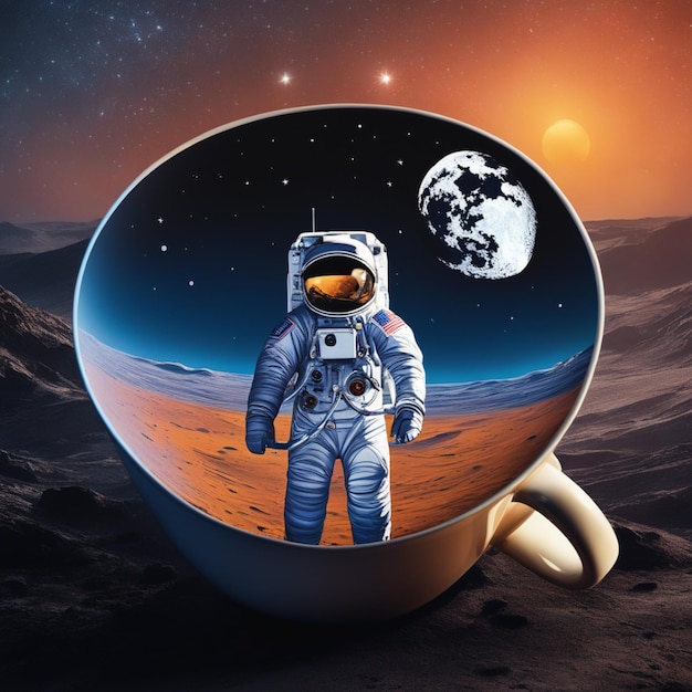 Starry Night with a Crescent Moon and Drifting Astronaut Mug
