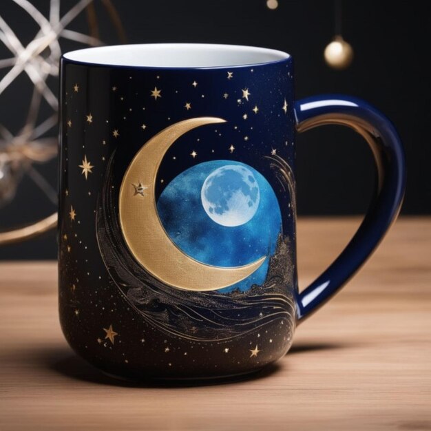 Starry Night with a Crescent Moon and Drifting Astronaut Mug