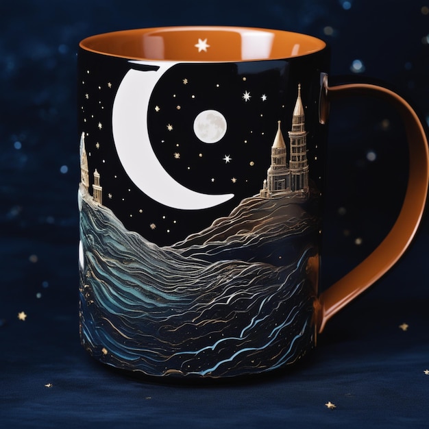 Starry Night with a Crescent Moon and Drifting Astronaut Mug