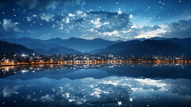 a starry night with a full moon and stars above the city.